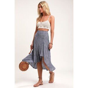 Lulus By The Bay Washed Blue And White Striped Ruffled Midi Skirt - Size M